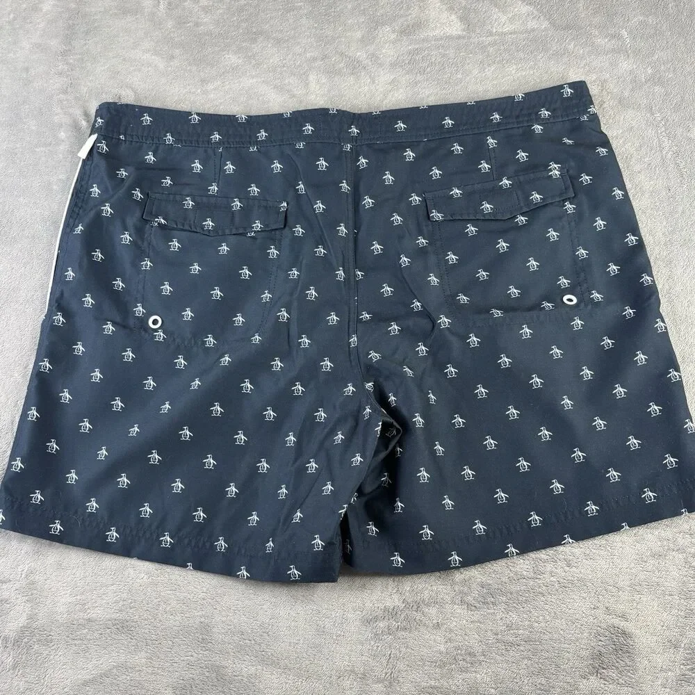 Penguin Swim Trunks Men's 38 Volley 6” Shorts Lined‎ Blue All Over Print Logo